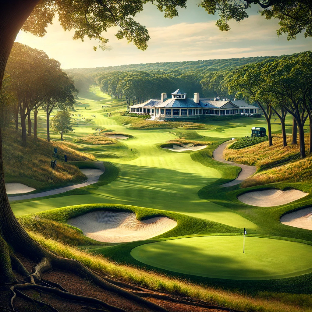 DALL·E 2024 11 04 21.41.39 A scenic view of Bethpage Golf Course on a bright day showing well maintained green fairways and bunkers with trees lining the course. The iconic ch